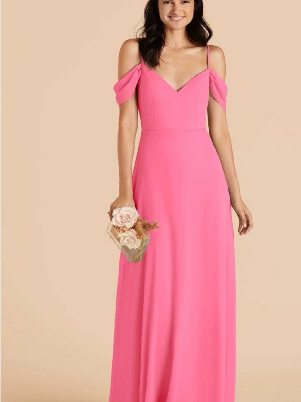 Birdy Grey Devin Chiffon Bon Bon Pink Off-Shoulder Spaghetti Strap Maxi